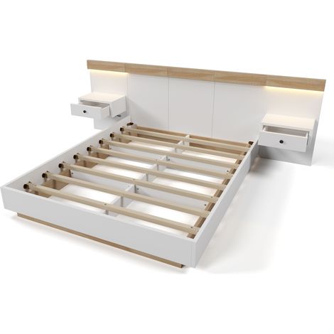 Cama doble 160 x 200 cm con 2 mesitas de noche LED y toma USB-C, roble Sonoma blanco (1/5)