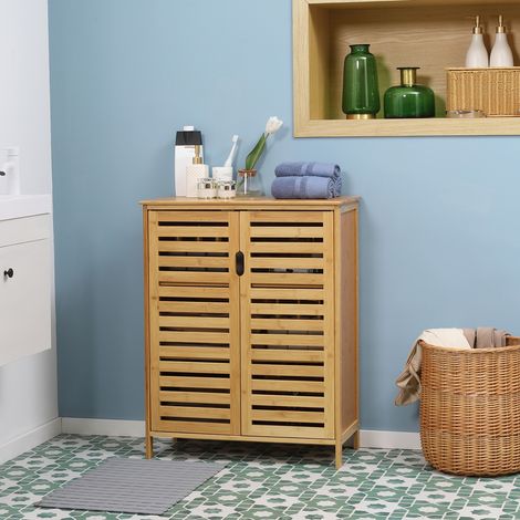 Mueble de baño de bambú, tocador de baño independiente con puertas de doble listón, 68 x 32 x 86 cm, natural (1/5)