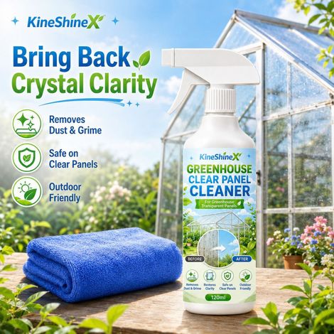 KineShineX Gewächshaus-Reiniger für transparente Paneele – Entfernt Staub und Wasserflecken von Gewächshausglas, Polycarbonatplatten und Acrylglasplatten. (1/5)