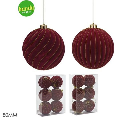 Set 6 Palle di Natale General Trade Ø80 mm in Velluto Bordeaux 2 Modelli Assortiti