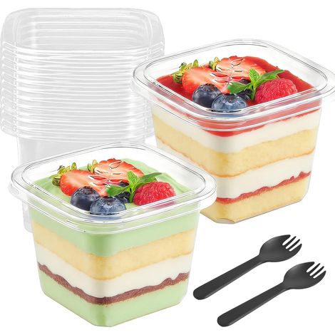 50 verrines en plastique avec couvercle, 360 ml, carrées, réutilisables, pour parfaits, tiramisus, puddings et autres desserts. (1/5)