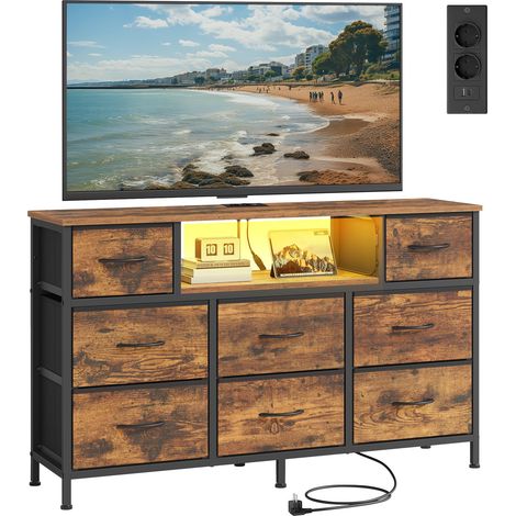 Commode, Meuble de Rangement avec LED et Prises, 8 Tiroirs en Tissu, Étagère Ouverte, 113,8 x 30 x 68,1 cm, pour Chambre, Salon, Marron Rustique (1/5)