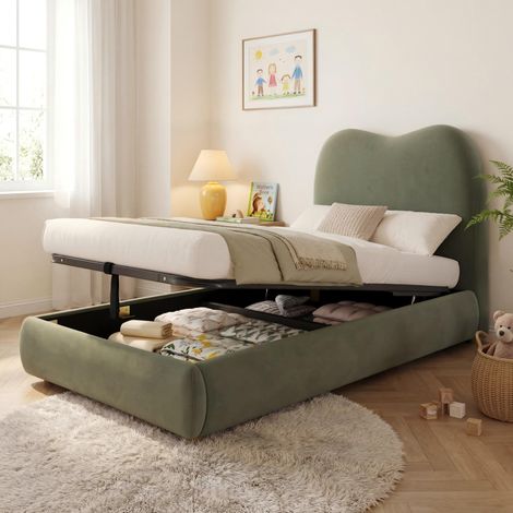 Upholstered bed, single bed, children's bed, 3ft-90 x 190cm, hydraulic bed, bed with headboard and large storage space, upholstered headboard, velvet, green