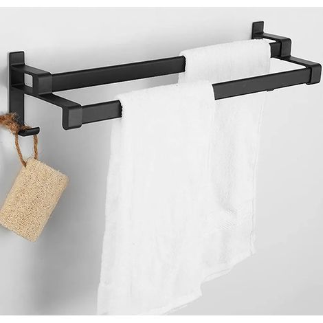 Handtuchhalter fürs Badezimmer, Handtuchstange in Schwarz-Matt mit zwei Handtuchhaltern und Haken, Wandmontage, kein Bohren erforderlich