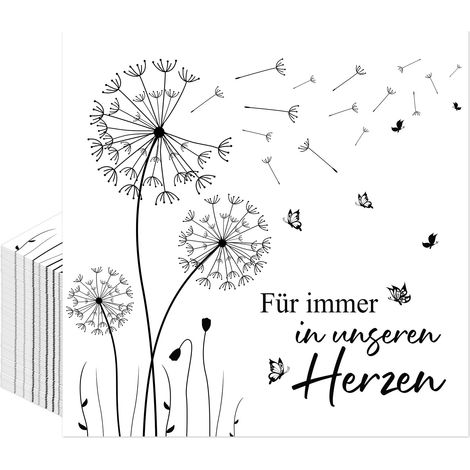 Lot de 40 serviettes de table avec inscription « Für immer in unserem Herzen » - Décoration de table - Noir et blanc - 33 x 33 cm (1/5)