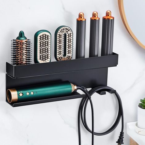Schwarzer, selbstklebender Wandhalter für Haarglätter/Haartrockner, kein Bohren erforderlich, zur Aufbewahrung von Stylinggeräten und Haaraccessoires