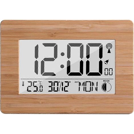 Horloge numérique radiopilotée dans un boîtier en bambou véritable avec écran LCD, thermomètre, alarme et calendrier. (1/5)