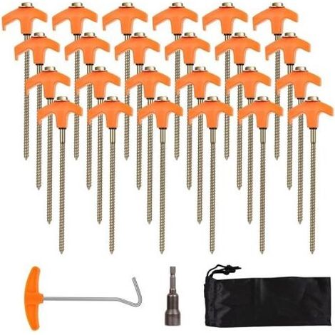 24 Piquet De Tente A Visser, Acier Galvanisé 20,5cm, Avec Rondelle Et Extracteur, Pour Camping Randonnée (1/5)