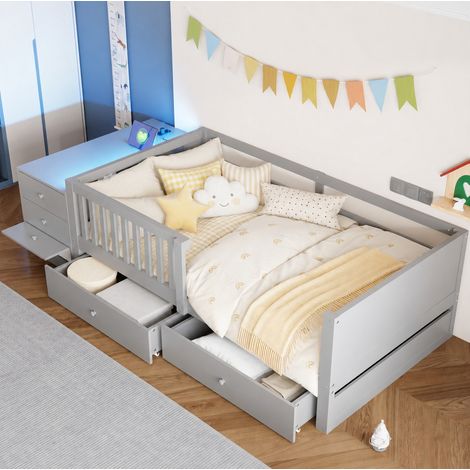 Lit mezzanine 90x200 cm en métal gris avec rangement modulable, 2 tiroirs, prise intégrée et LED (1/5)