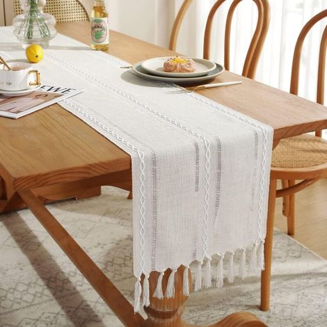 Chemin de table en lin tressé style ferme automnale, Jacquard rustique bohème