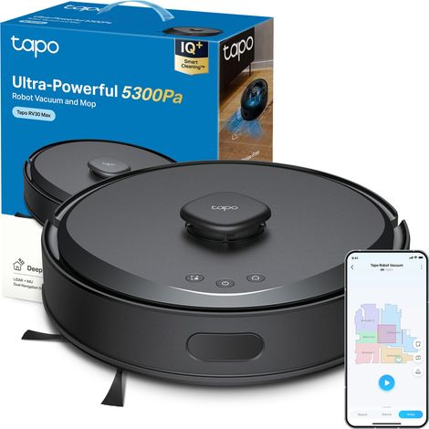 Tapo RV30 Max Robot Aspirapolvere Lavapavimenti con Mappatura 5300Pa, Doppia Navigazione LiDAR +IMU, Zone No-Go e Muri Virtuali, Controllo APP&Alexa&Google, Arrampicarsi fino a 22mm (1/5)