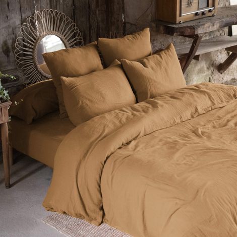 Parure de lit 240x220 double gaze de coton marron Terre de Nuit (1/4)