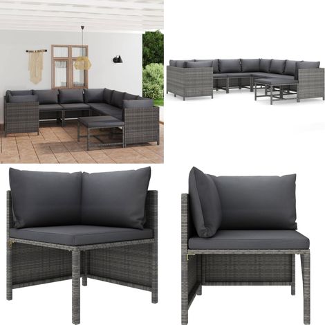 9-tlg. Garten-Lounge-Set mit Kissen Poly Rattan Grau - Gartengeräte - Loungemöbel - Gartenloungeset - Outdoormöbel - Rattanmöbel - Home & Living (1/5)