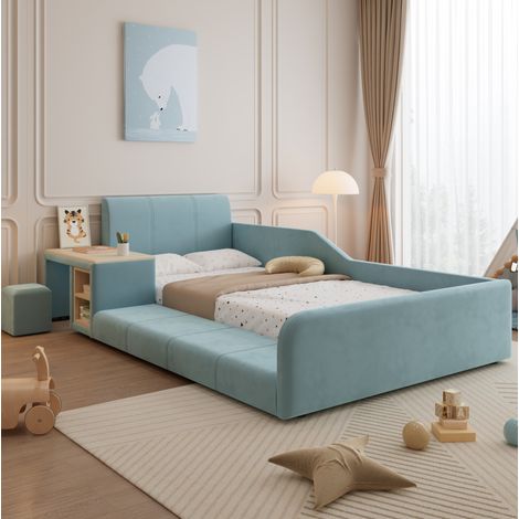 Lit simple 90x200 cm pour enfant avec bureau et tabouret, rangement tête de lit, velours bleu, sommier à lattes en bois (1/5)