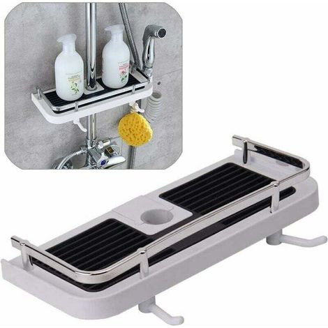 Étagère Douche Sans Percage Porte Savon pour Rangement et Organisation de la Salle de Bain avec 2 Crochets et un Support de Douche Adapté aux Barres de Douche 20mm-25mm Blanc (1/5)