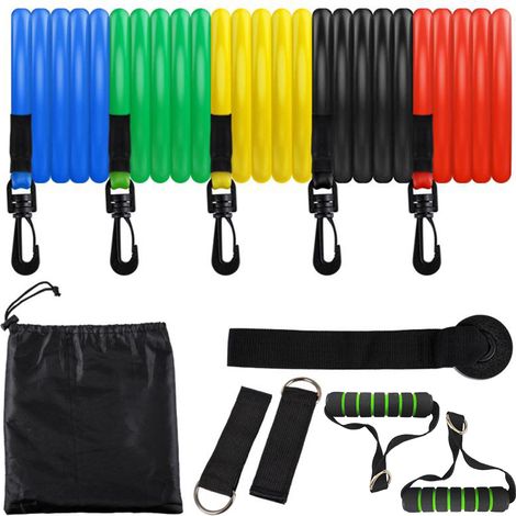 Widerstandsbänder-Set, bestehend aus 5 stapelbaren Trainingsbändern mit Türanker, 2 Schaumstoffgriffen, 2 Metall-Fußringen und einer Tragetasche. Ideal für Heimtraining, Physiotherapie, Fitnessstudio (1/5)