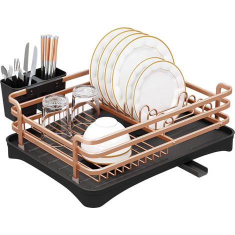 Égouttoir à vaisselle en aluminium inoxydable, anti-rouille, avec porte-couverts amovible et panier de drainage pour plan de travail cuisine (1/5)