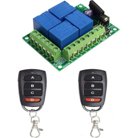 Wireless Remote Switch, DC 12V 433MHz Relay RF 4CH Receiver Module with Transmitters, for Truck Trunk Motor, Garage, Electric Lock (1/5)