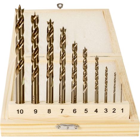 STIER Holzbohrer-Set HSS Cobalt 10-teilig, Alle Größen von 1 bis 10 mm, High Speed Steel, mit Zentrierspitze, in praktischer Holzbox, für jede Art von Lochbohrungen (1/5)