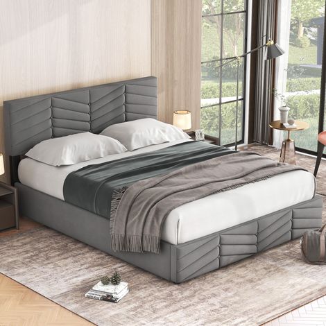 Cama con Canapé 140×200 cm, Cama Doble con Arcón, Cabecero Regulable y Diseño de Rayas, sin Colchón, en Terciopelo, Gris (1/5)