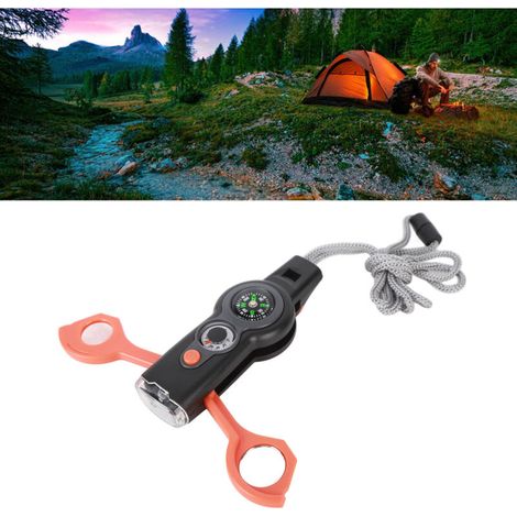 Sifflet de Survie 7 en 1 avec Thermomètre LED et Boussole, Outil Multifonction Orange pour Randonnée, Camping et Urgence