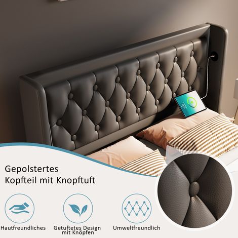Lit double 140x200 cm, noir, en PU avec coffre hydraulique, tête de lit rembourrée avec port USB-C, éclairage LED sur 3 côtés, sans matelas. (1/5)