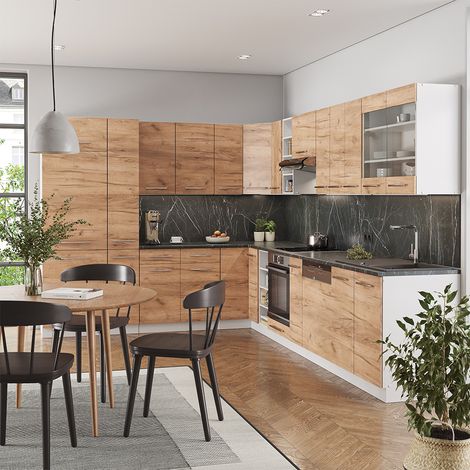 Cucina angolare completa Fame-Line, Rovere dorato/Bianco, 347 x 257 cm, PL Antracite, Vicco