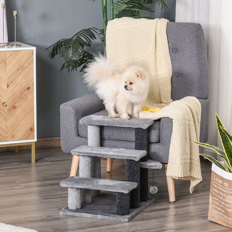 PawHut Katzentreppe 3-stufige Haustiertreppe mit Kratzsäulen Ball Hundetreppe Tiertreppe für Katzen Plüsch Jute Grau 45 x 40 x 48 cm