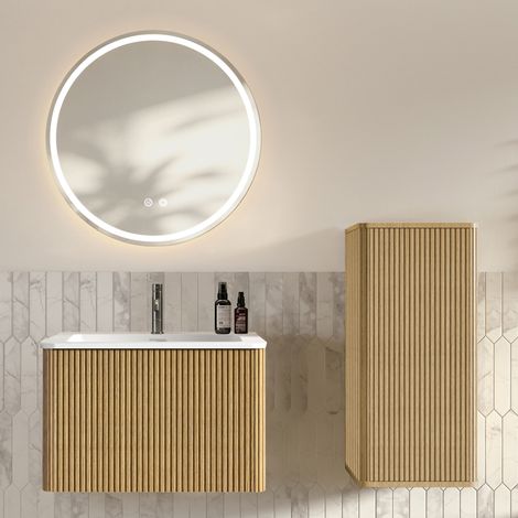 Conjunto de mueble de baño con lavabo y espejo LED de 60 cm, colgante, color roble (1/5)