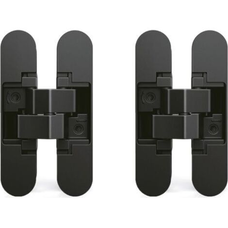 – Charnière invisible pour portes – Lot de 2 charnières lourdes – Charge 40 kg – Ouverture 180º – Zamak noir – Ajustement tridimensionnel