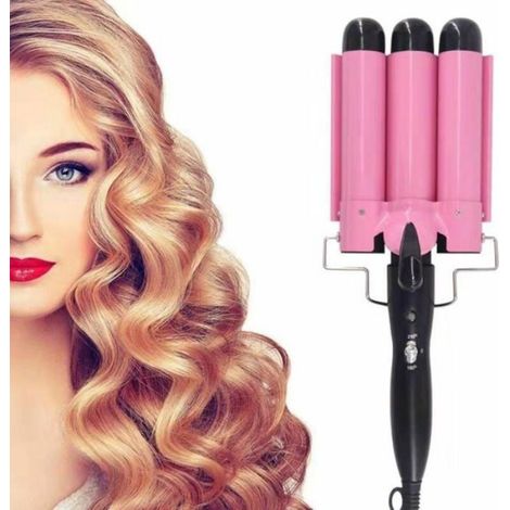 Fer à friser triple en céramique, dernière version 3 barils baguette avec température réglable, cheveux portables (rose) (1/4)