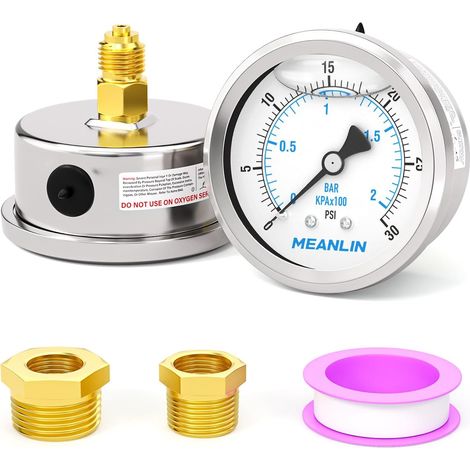 02BAR/030PSI Liquid Filled Pressure Gauge, Stainless Steel, 1/4" BSP 1.5" Face Dial, Rear Mount Water, Oil, Air, with 1/4" x 1/2" BSP and 1/4" x 3/8" BSP Hex Socket (1/5)