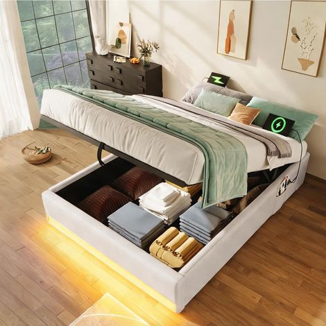 Cadre de lit beige en lin 203 x 91,5 x 32 cm (1/5)