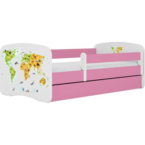 Lit enfant et junior 80 x 160 cm avec tiroir et barrière amovible, motif Carte du monde, rose (1/4)