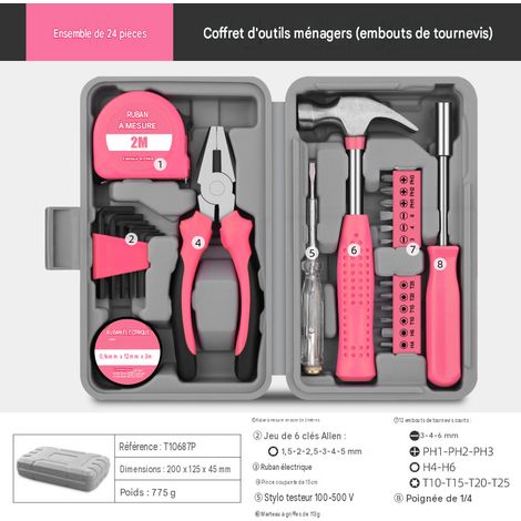 Kit de réparation rose 24 pièces [embouts de tournevis] - Ensemble d'outils comprenant clés hexagonales, tournevis, pinces et un ensemble d'outils multifonctions