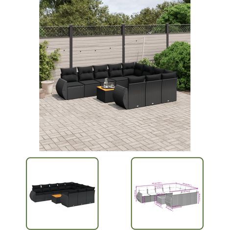 The Living Store 11-tlg. Garten-Sofagarnitur mit Kissen Schwarz Poly Rattan - Gartensorte - Gartenmöbelset - Esstischgarnitur - Lounge Möbel - Outdoor Furniture (1/3)
