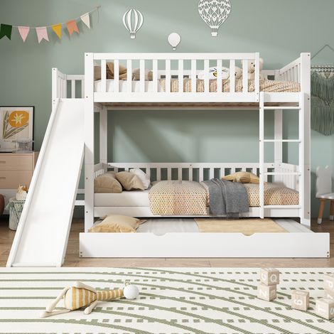 Lit superposé avec lit roulant 90×200/190cm blanc,protection anti‑chute,coulissement et étagères,échelle droite 4 marches,en pin + MDF