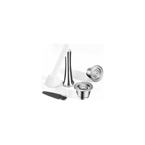 Lot de 2 dosettes à café réutilisables en acier inoxydable compatibles Nespresso avec 1 presse 1 cuillère et 1 brosse (1/5)