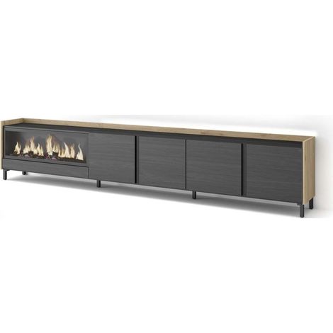 Mueble TV Archidona-02 de 315x61x35 cm con chimenea y luces LED, diseño industrial, color negro y roble (1/4)