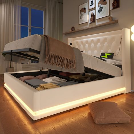 Letto con contenitore imbottito in PU bianco 180x200 cm con LED, USB e USB-C, rete a doghe inclusa