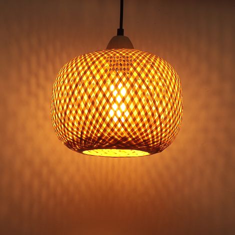 Lustre Suspension Style Bohème Abat-jour en Bambou Lampe Suspendue Rustique Vintage Luminaire E27 pour Salle à Manger Salon Cuisine 25cm