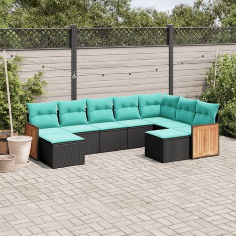 9-teiliges Gartensofa-Set mit Kissen, schwarzes Polyrattan (1/5)
