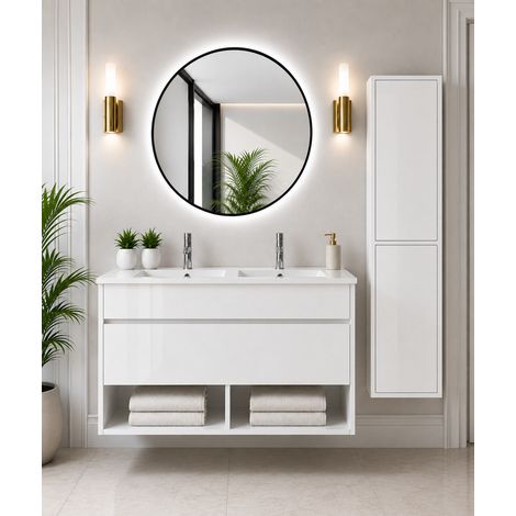 Mueble de baño suspendido con lavabo extraplano ORIGENBATH NEBARI con cajón sin espejo 120x45 cm 2 senos blanco con columna (1/5)