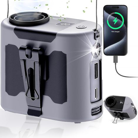 Ventilatore portatile, batteria da 1000 mAh, alta potenza, lunga durata della batteria, ricaricabile, ideale per campeggio all'aperto, può essere indossato in vita, al collo o al polso, 5 velocità, du (1/5)