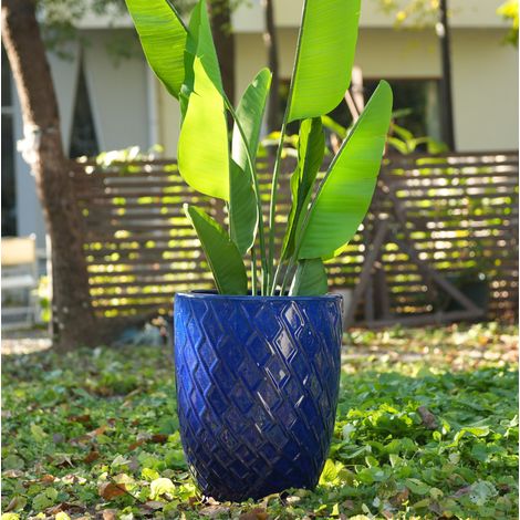 Grand pot de fleurs en céramique bleu roi à motif losange, 42 x 54 cm, avec drainage (1/5)