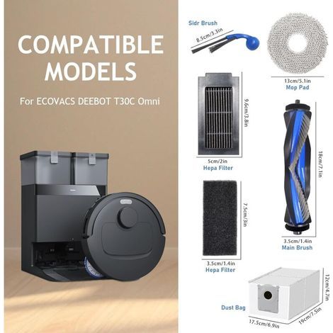Pièce de Rechange pour ECOVACS DEEBOT T30C Omni, T30C Omni Gen2 aspirateur Robot Accessoires, 1 Brosse Principale, 6 serpillières, 6 Sacs à poussière, 4 filtres, 4 brosses latérales (1/3)