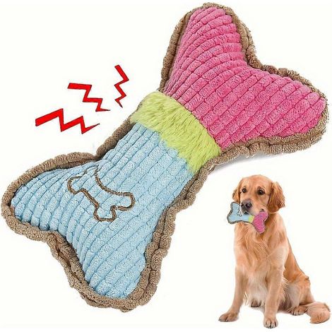 Juguete de peluche para perros con forma de hueso y chirriador, resistente para masticar y para la dentición, ideal para razas medianas, diseño multicolor azul y verde. (1/5)