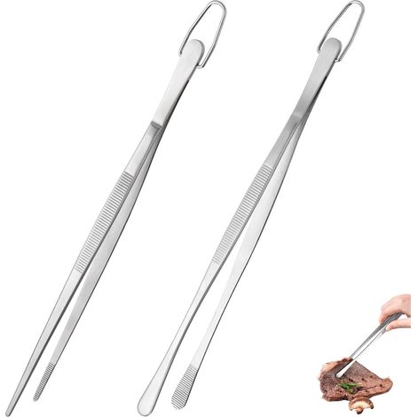 Jeu de Pince de Cuisine 30 cm – Acier Inoxydable 18/8 Alimentaire, Soudure Sans Joint Robuste – Ustensile de Cuisson pour Service, Décoration et Dressage (Embout Rond et Pointu, Argenté)