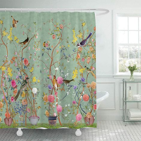 200 x 230 cm Duschvorhang mit Blumen- und Vogelmotiv, Aquarell-Blumenmuster in Pastellfarben, wasserdichtes Polyestergewebe für Badezimmer, inklusive 12 Haken