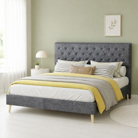Cama 140 x 200 cm capitoné en tela gris con cabecero alto, estructura de madera y metal DESVIAE (1/5)
